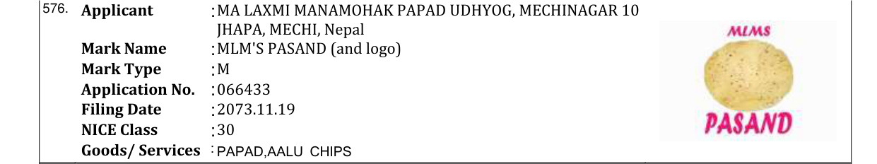 Original bulletin entry for MLM'S PASAND (and logo)