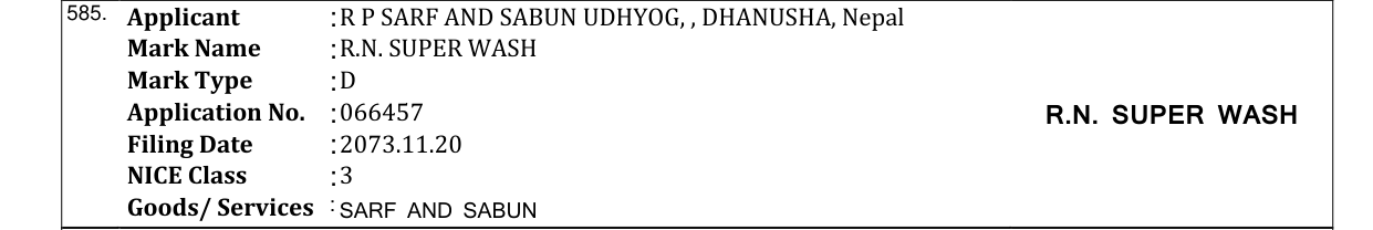 Original bulletin entry for R.N. SUPER WASH