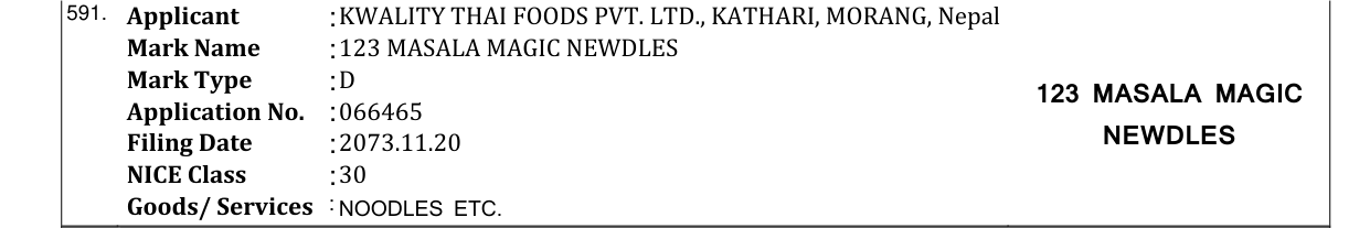 Original bulletin entry for 123 MASALA MAGIC NEWDLES