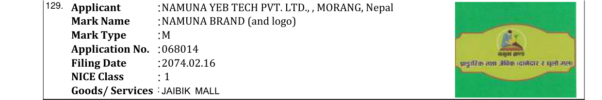 Original bulletin entry for NAMUNA BRAND (and logo)