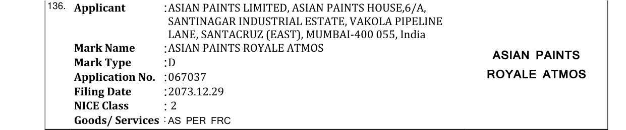 Original bulletin entry for ASIAN PAINTS ROYALE ATMOS ASIAN PAINTS