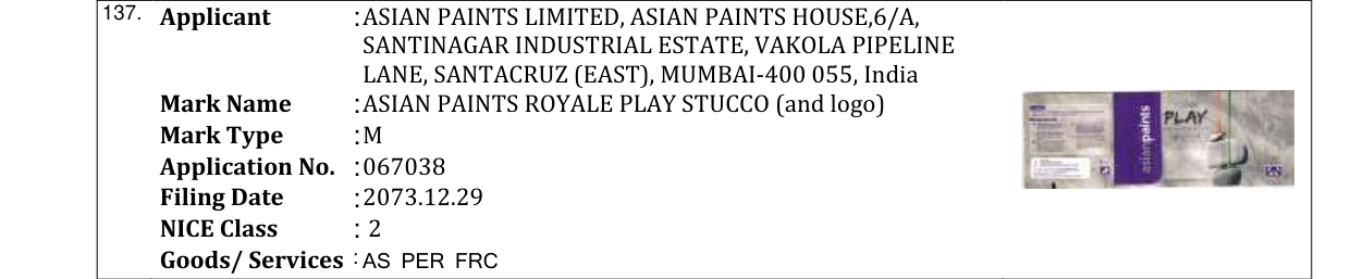 Original bulletin entry for ASIAN PAINTS ROYALE PLAY STUCCO (and logo)