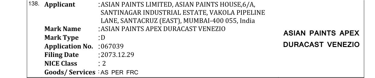 Original bulletin entry for ASIAN PAINTS APEX DURACAST VENEZIO ASIAN PAINTS APEX