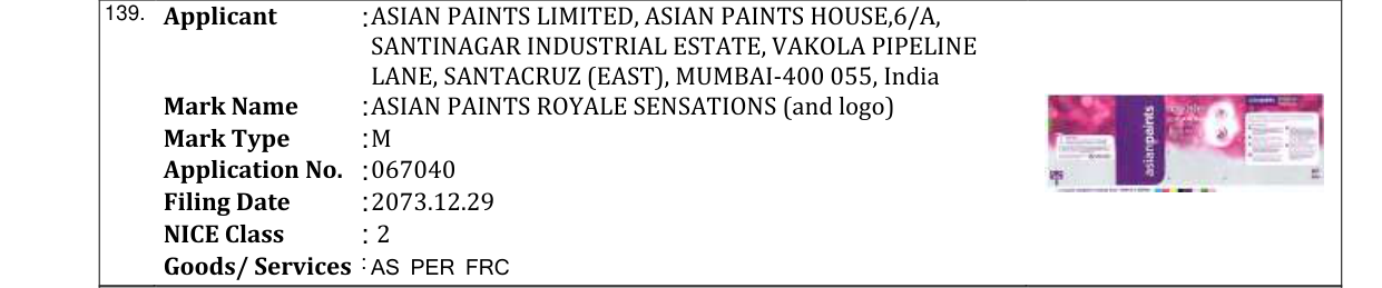 Original bulletin entry for ASIAN PAINTS ROYALE SENSATIONS (and logo)