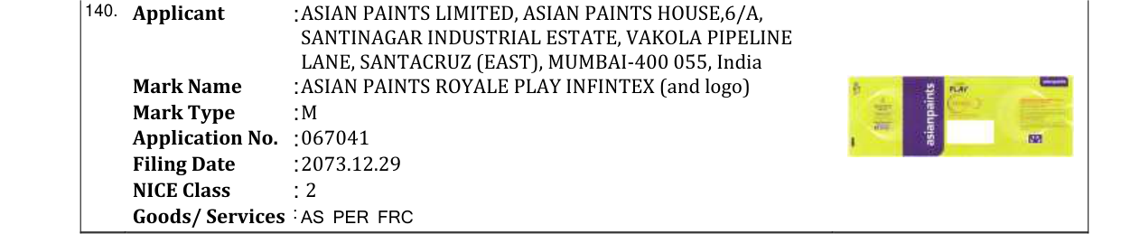 Original bulletin entry for ASIAN PAINTS ROYALE PLAY INFINTEX (and logo)