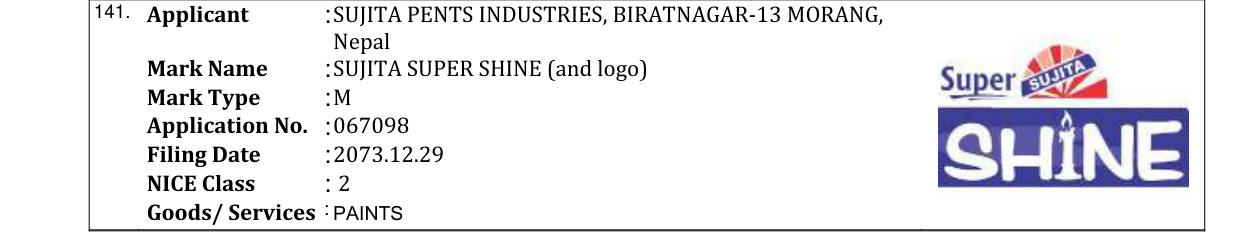 Original bulletin entry for SUJITA SUPER SHINE (and logo)