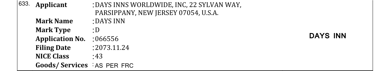 Original bulletin entry for DAYS INN