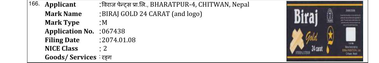 Original bulletin entry for BIRAJ GOLD 24 CARAT (and logo)