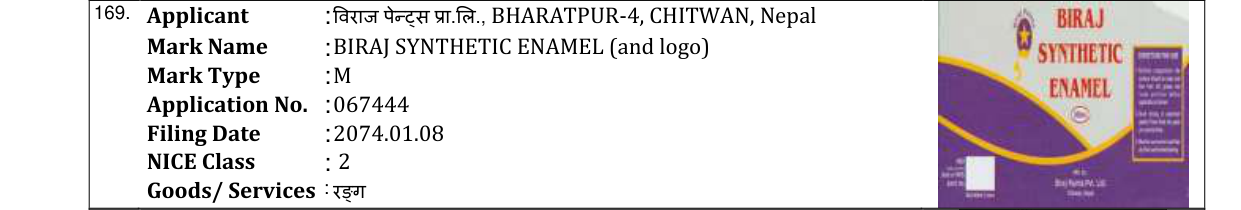 Original bulletin entry for BIRAJ SYNTHETIC ENAMEL (and logo)