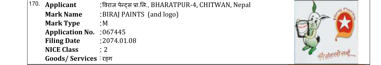 Original bulletin entry for BIRAJ PAINTS (and logo)