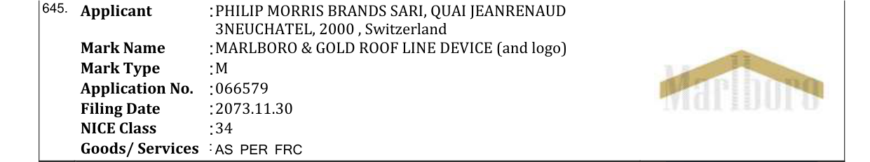 Original bulletin entry for MARLBORO & GOLD ROOF LINE DEVICE (and logo)