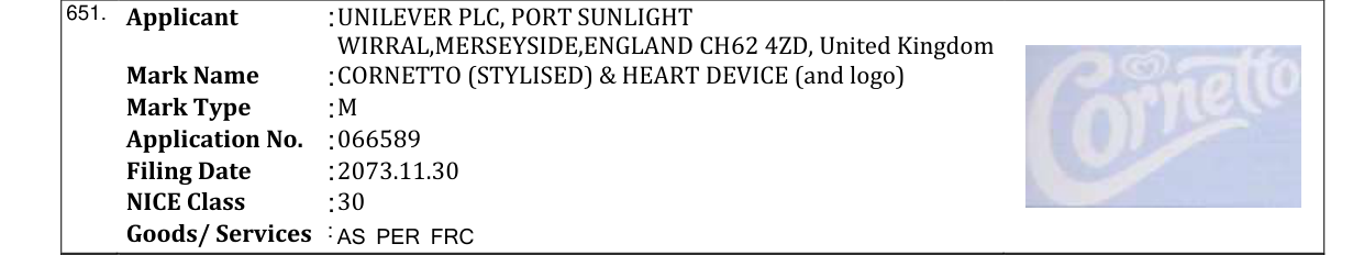 Original bulletin entry for CORNETTO (STYLISED) & HEART DEVICE (and logo)