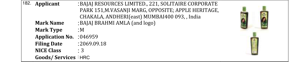Original bulletin entry for BAJAJ BRAHMI AMLA (and logo)