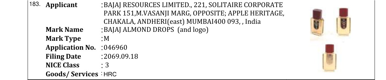 Original bulletin entry for BAJAJ ALMOND DROPS (and logo)