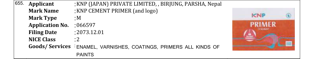 Original bulletin entry for KNP CEMENT PRIMER (and logo)
