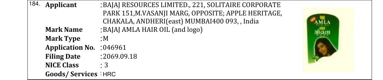 Original bulletin entry for BAJAJ AMLA HAIR OIL (and logo)