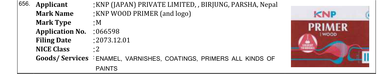 Original bulletin entry for KNP WOOD PRIMER (and logo)