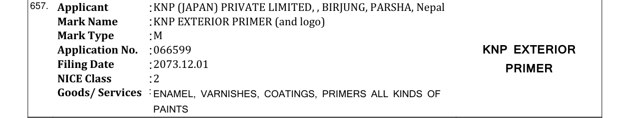 Original bulletin entry for KNP EXTERIOR PRIMER (and logo)