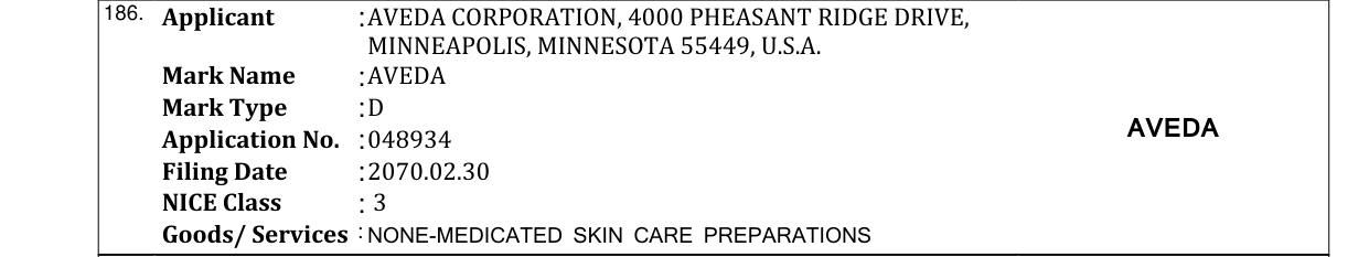 Original bulletin entry for AVEDA