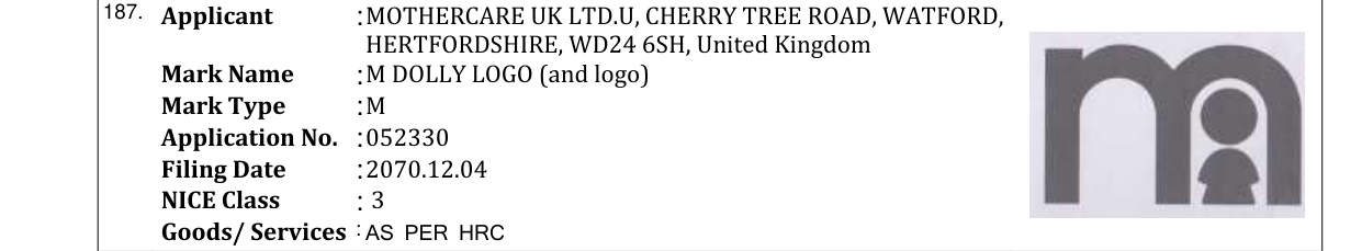 Original bulletin entry for M DOLLY LOGO (and logo)