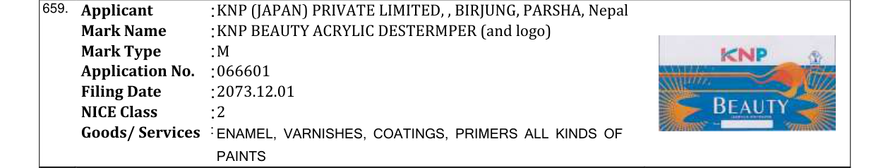 Original bulletin entry for KNP BEAUTY ACRYLIC DESTERMPER (and logo)