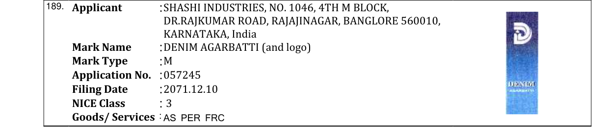Original bulletin entry for DENIM AGARBATTI (and logo)