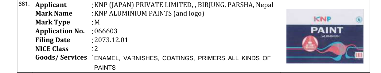 Original bulletin entry for KNP ALUMINIUM PAINTS (and logo)