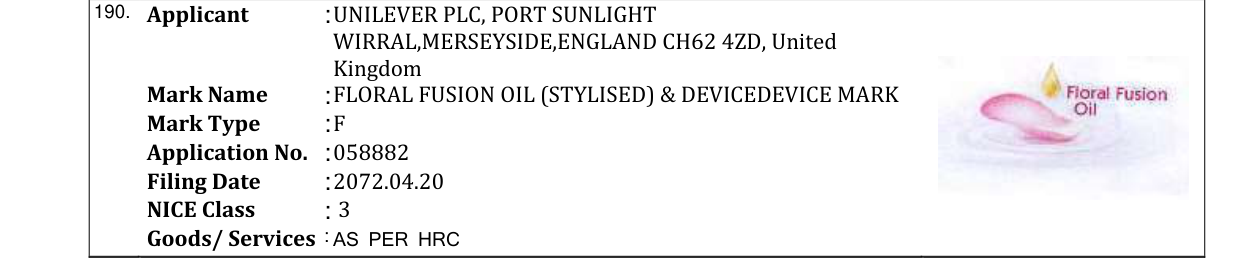 Original bulletin entry for FLORAL FUSION OIL (STYLISED) & DEVICEDEVICE MARK
