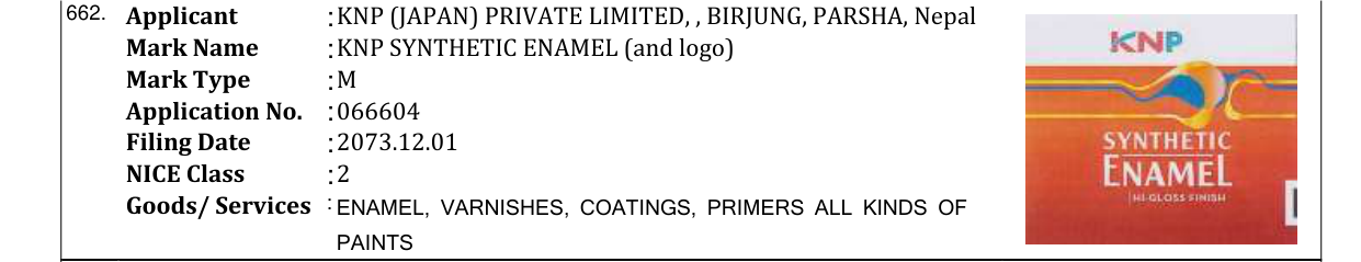 Original bulletin entry for KNP SYNTHETIC ENAMEL (and logo)