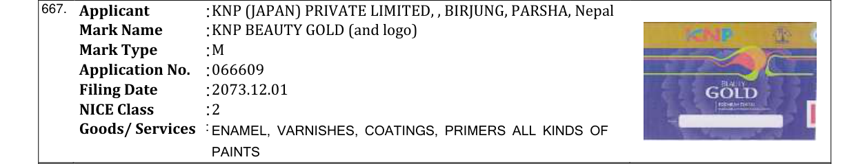 Original bulletin entry for KNP BEAUTY GOLD (and logo)