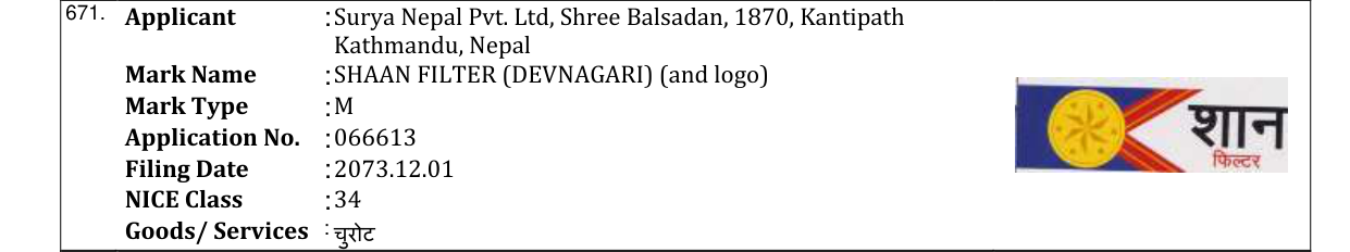 Original bulletin entry for SHAAN FILTER (DEVNAGARI) (and logo)