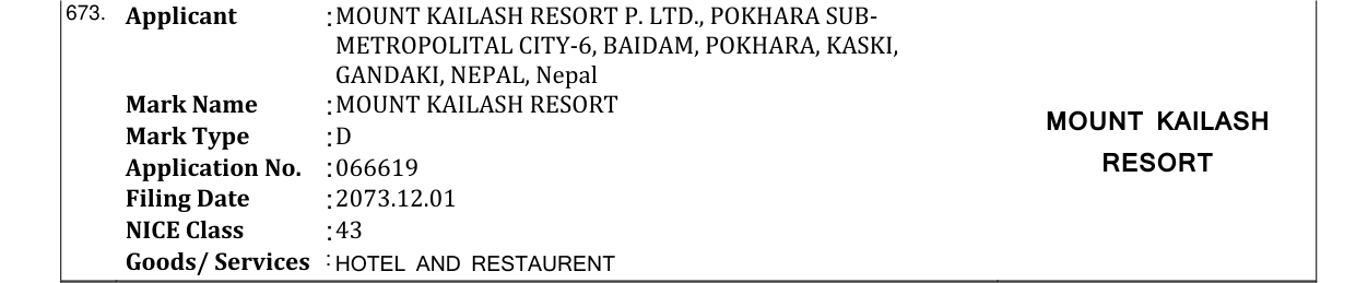Original bulletin entry for MOUNT KAILASH RESORT MOUNT KAILASH
