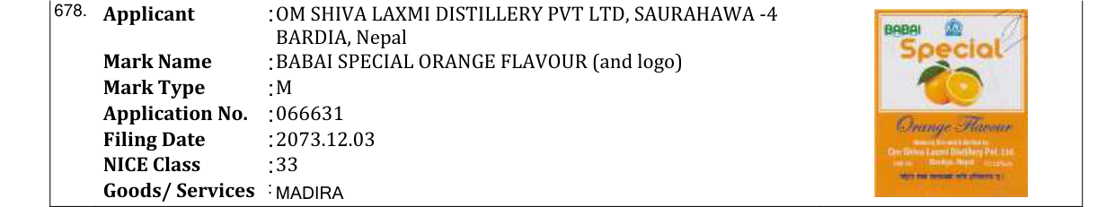 Original bulletin entry for BABAI SPECIAL ORANGE FLAVOUR (and logo)