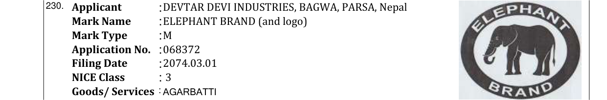 Original bulletin entry for ELEPHANT BRAND (and logo)