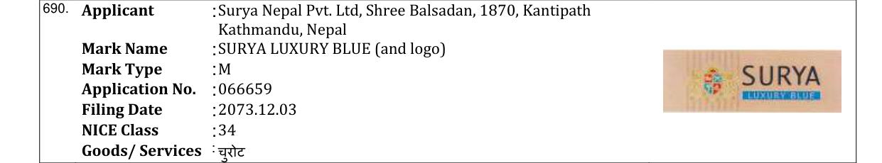 Original bulletin entry for SURYA LUXURY BLUE (and logo)