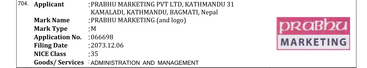 Original bulletin entry for PRABHU MARKETING (and logo)