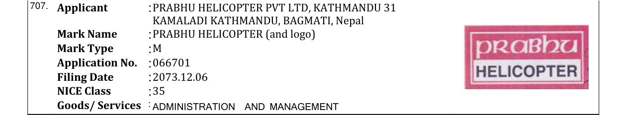 Original bulletin entry for PRABHU HELICOPTER (and logo)