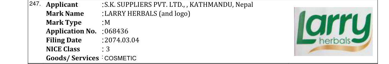 Original bulletin entry for LARRY HERBALS (and logo)