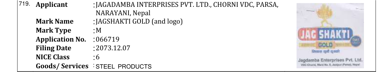 Original bulletin entry for JAGSHAKTI GOLD (and logo)