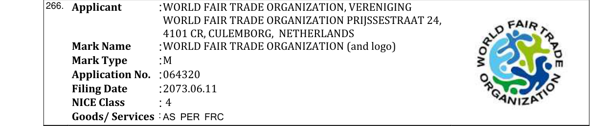 Original bulletin entry for WORLD FAIR TRADE ORGANIZATION (and logo)
