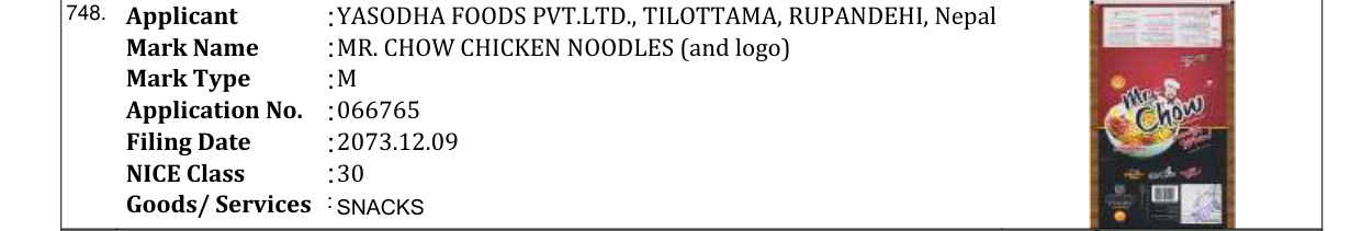 Original bulletin entry for MR. CHOW CHICKEN NOODLES (and logo)