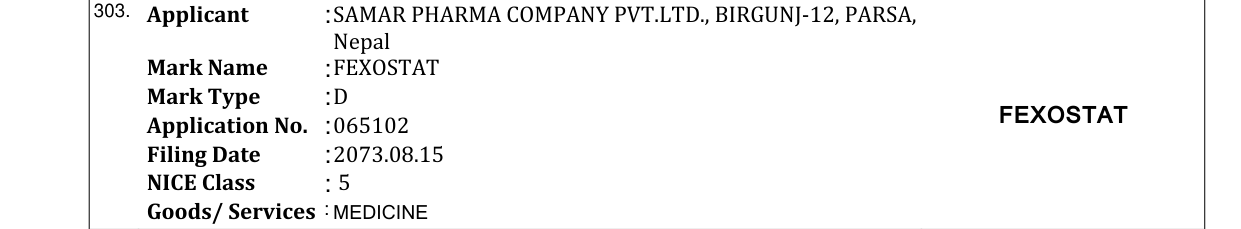 Original bulletin entry for FEXOSTAT