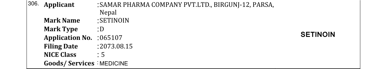 Original bulletin entry for SETINOIN
