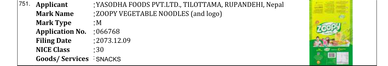 Original bulletin entry for ZOOPY VEGETABLE NOODLES (and logo)