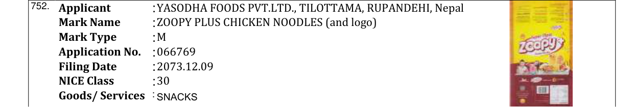 Original bulletin entry for ZOOPY PLUS CHICKEN NOODLES (and logo)