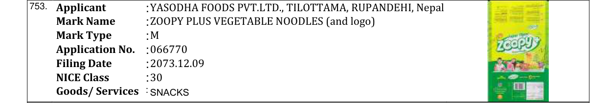 Original bulletin entry for ZOOPY PLUS VEGETABLE NOODLES (and logo)
