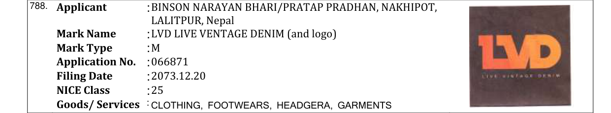 Original bulletin entry for LVD LIVE VENTAGE DENIM (and logo)