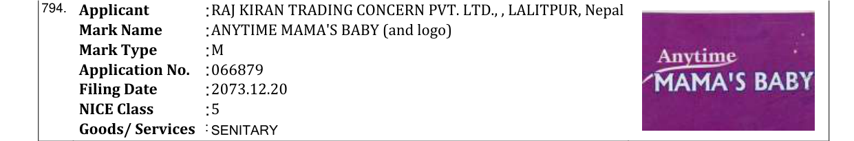 Original bulletin entry for ANYTIME MAMA'S BABY (and logo)