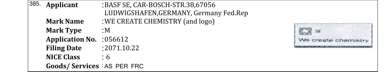 Original bulletin entry for WE CREATE CHEMISTRY (and logo)