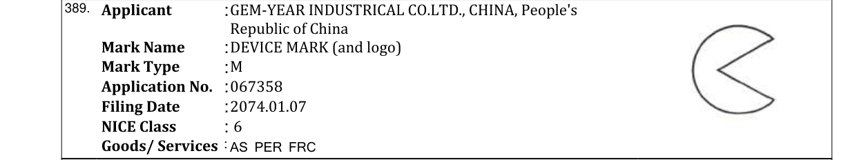 Original bulletin entry for DEVICE MARK (and logo)